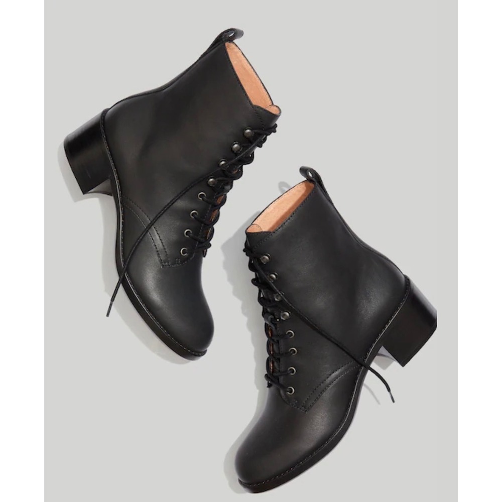 Madewell Lace-Up Boot Black Leather Block Heel Ankle Boots Size 6